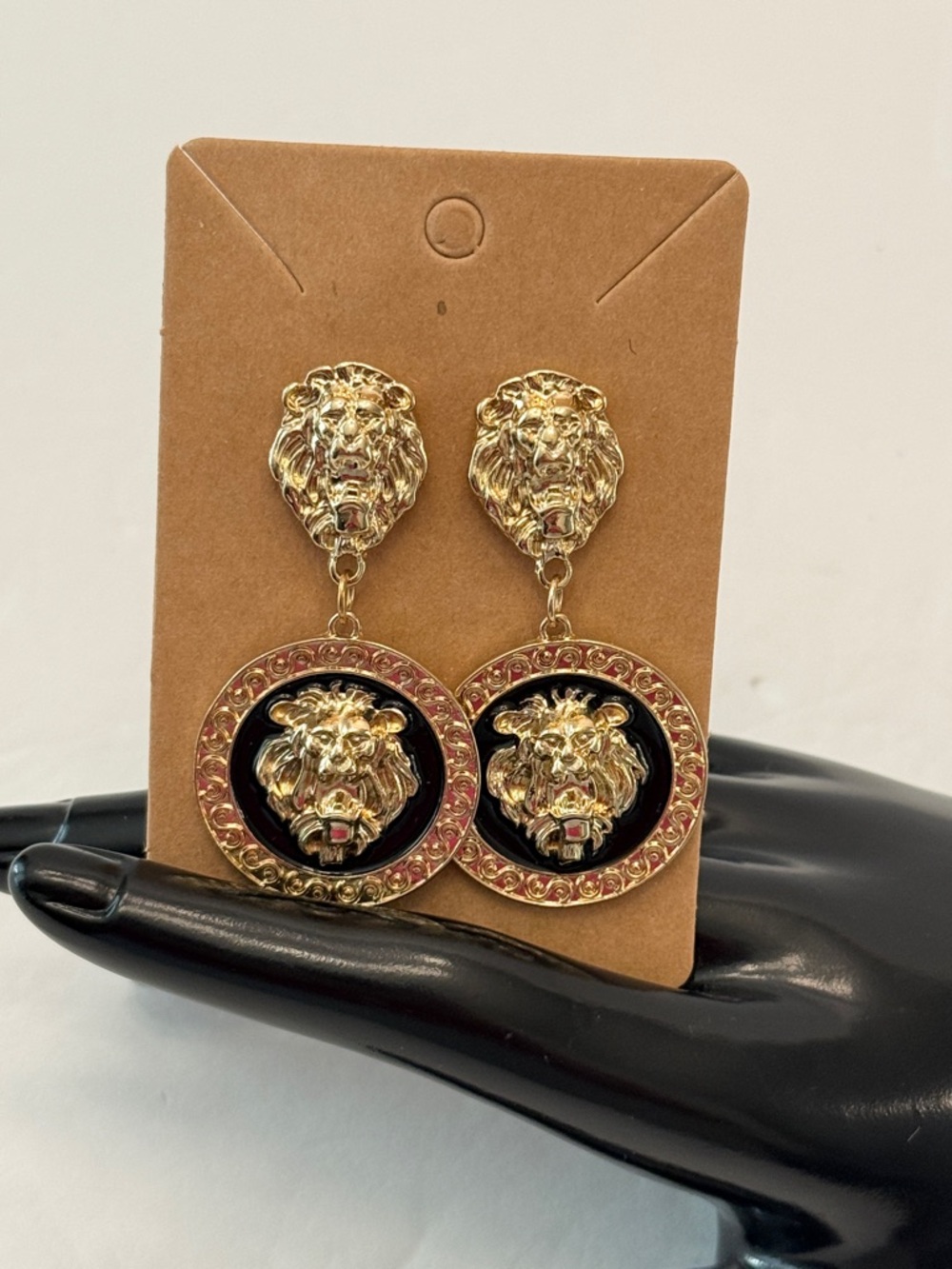 Gold Lion Head Medallion Earrings Black Enamel Statement Drop - Picture 8 of 13